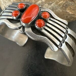 Sterling Silver Red Coral 7” Women's Cuff Cluster Bracelet 19697